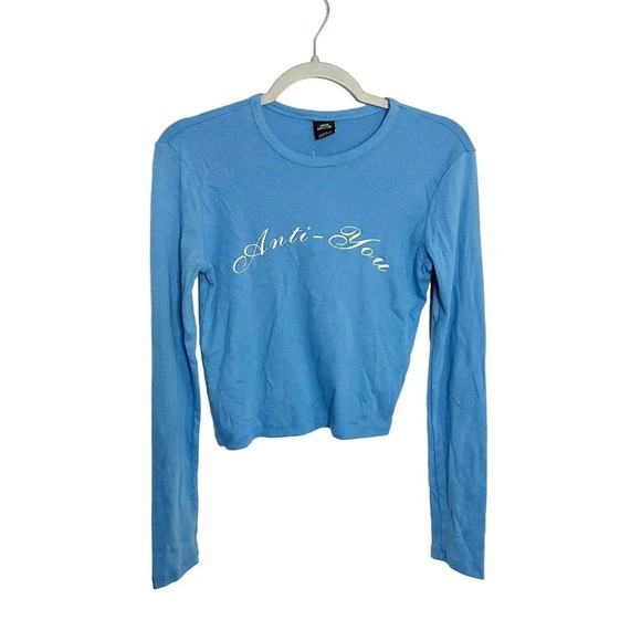 Urban Outfitters Anti-You Long Sleeve Baby Tee Blue Size Small Top NEW - Picture 2 of 8